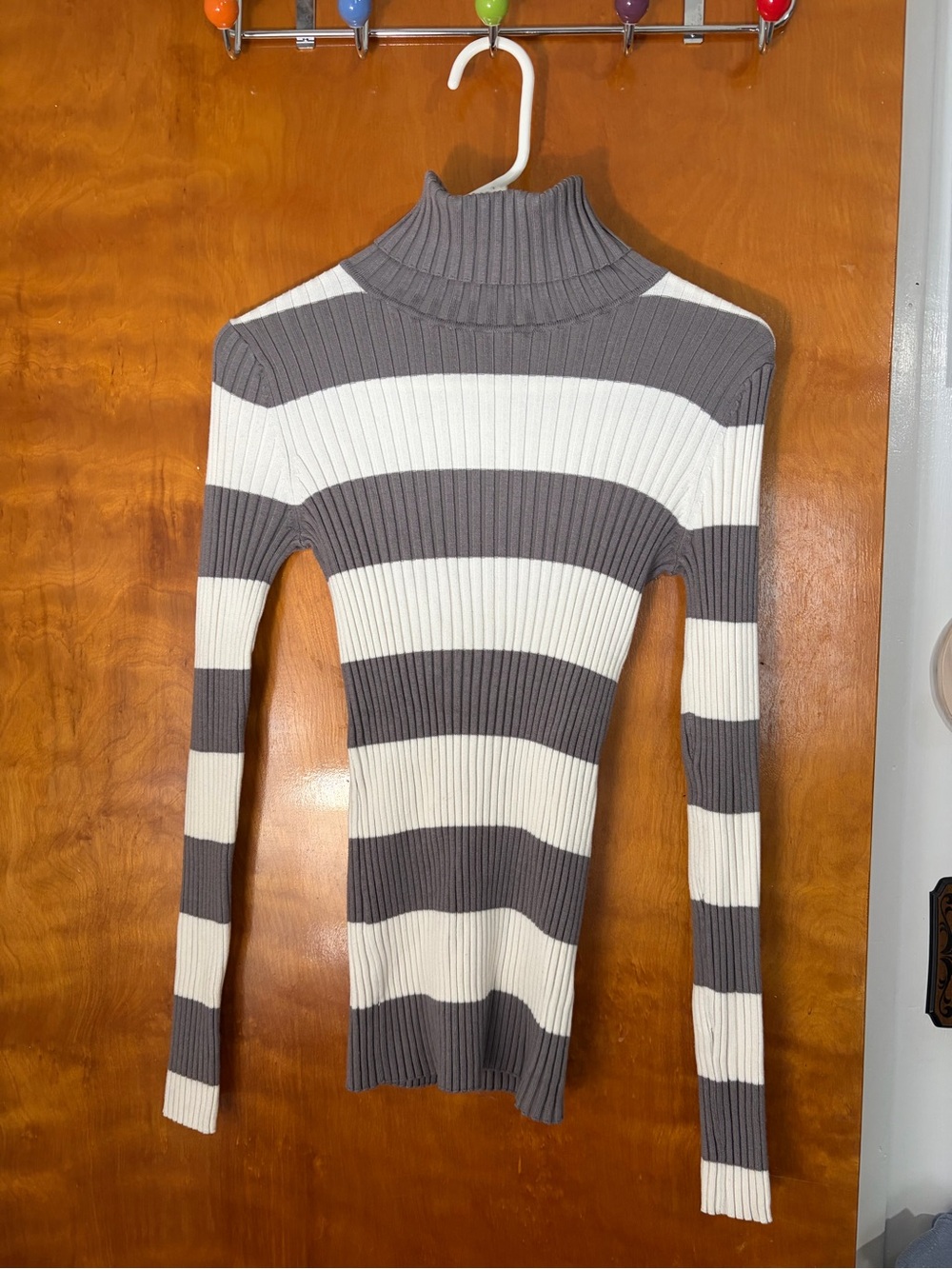 Love By Design Gray & White Striped Ribbed Mock Neck Sweater